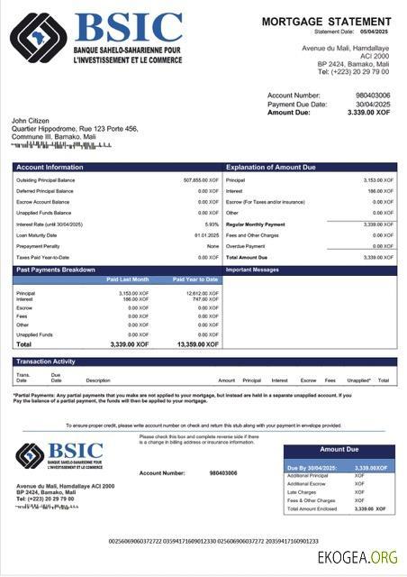 Modèle Word et PDF de relevé hypothécaire Mali BSIC Mali